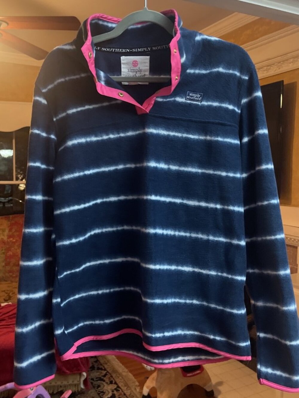 Simply Southern Fleece Womens Medium Blue White Pink Striped Tie Dye Coastal